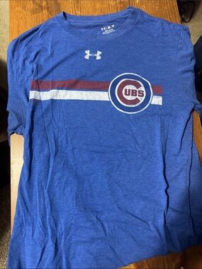 Under Armour Royal Blue Long Sleeve Cubs Logo Tee with Red and White Stripes